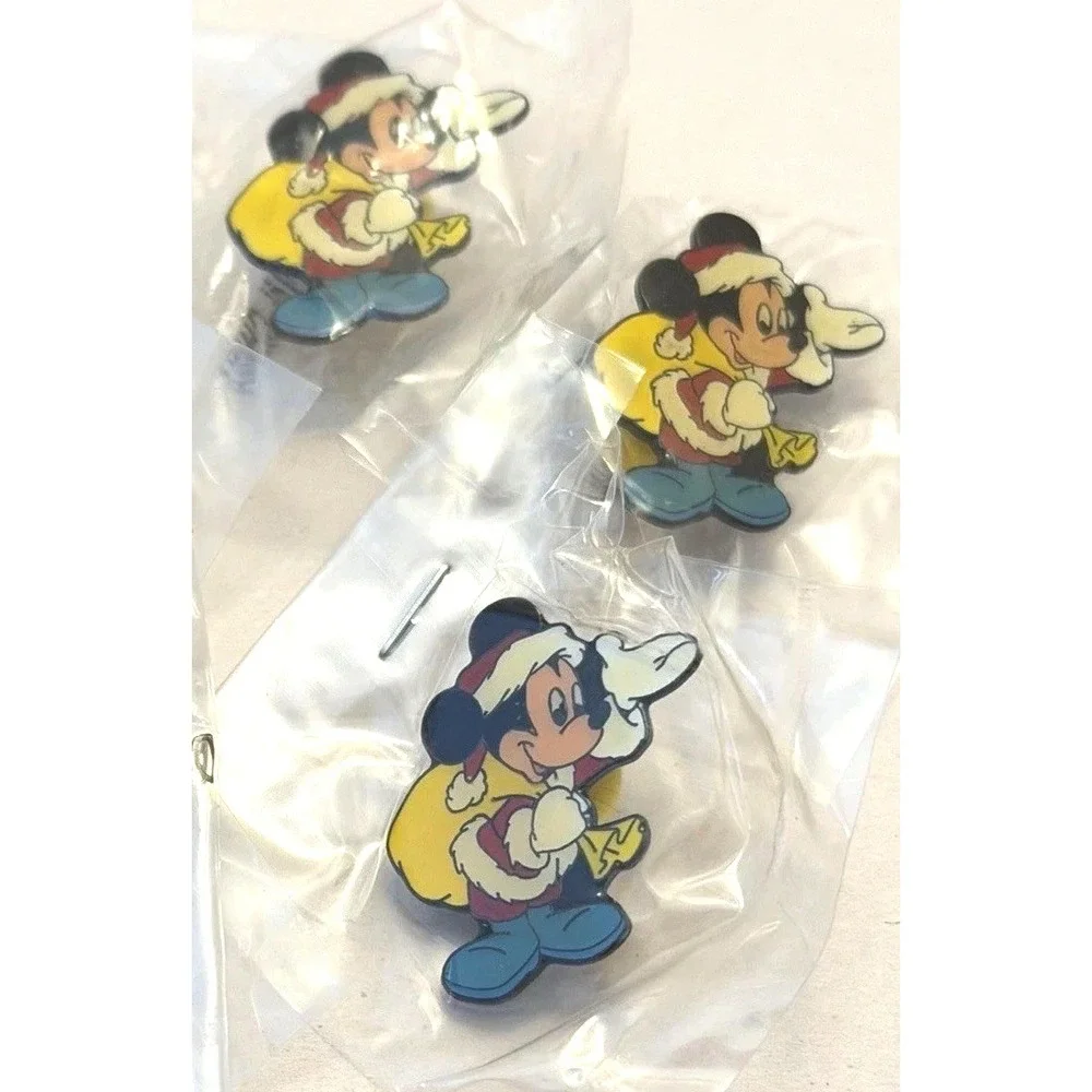 Mickey Mouse Lot Pin Pins 3 NEW NOS Santa Metal Acrylic Christmas Kitsch Retro